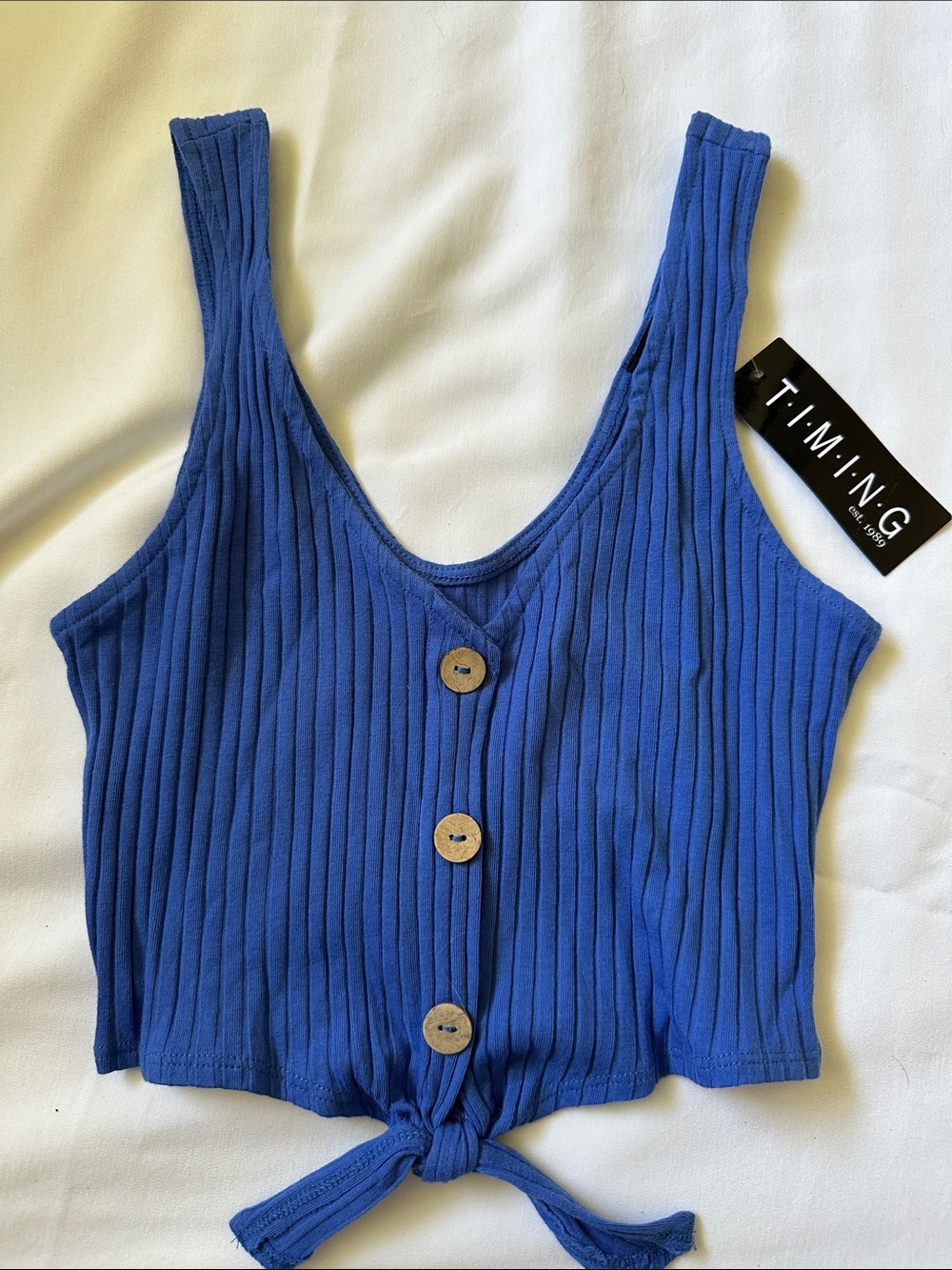 Timing Royal Blue Ribbed Button Tie Crop Top